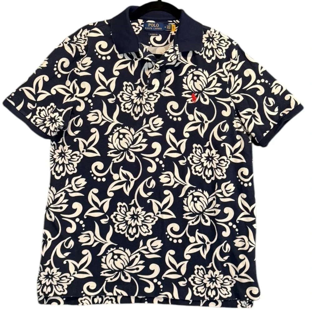 Polo Ralph Lauren French Floral Mesh Polo Shirt Navy Cream Red Pony Mens Sz M